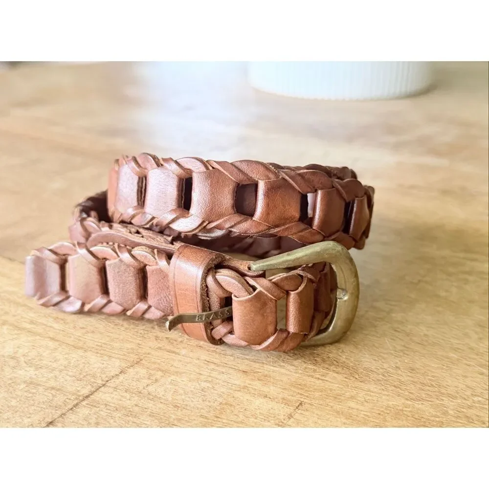 Contempo Leather Brown Woven Braided Belt Brass Buckle Size 30 Made in India